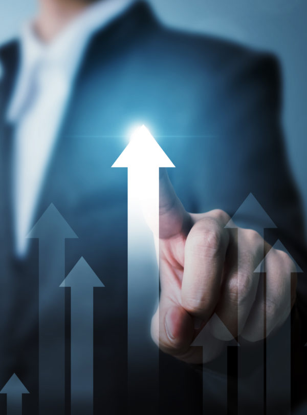 Business development to success and growing growth concept. Businessman pointing arrow graph corporate future growth plan